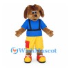 Brown Dog Mascot Costume with Blue Shirt and Yellow Cargo Shorts
