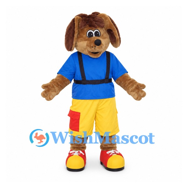 Brown Dog Mascot Costume with Blue Shirt and Yellow Cargo Shorts