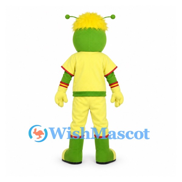 Green Alien Mascot Costume with Yellow Hair and Sports Outfit