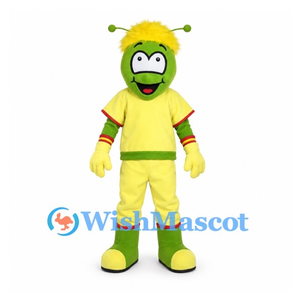 Green Alien Mascot Costume with Yellow Hair and Sports Outfit