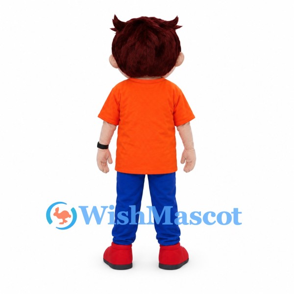 Boy Mascot Costume with Brown Hair and Orange Polo Shirt
