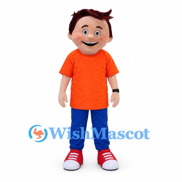 Boy Mascot Costume with Brown Hair and Orange Polo Shirt