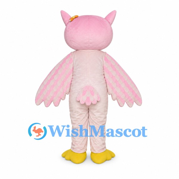 Pink Owl Mascot Costume with Cream Belly and Yellow Feet