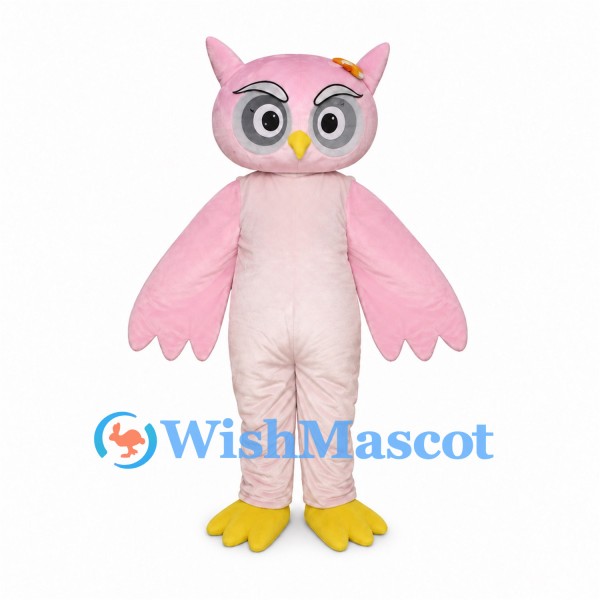 Pink Owl Mascot Costume with Cream Belly and Yellow Feet