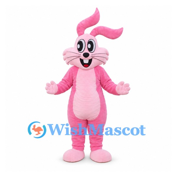 Pink Rabbit Mascot Costume with Bent Ears and White Belly