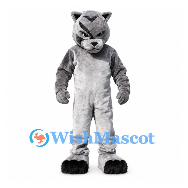 Gray Tiger Mascot Costume with Dark Stripes and White Belly