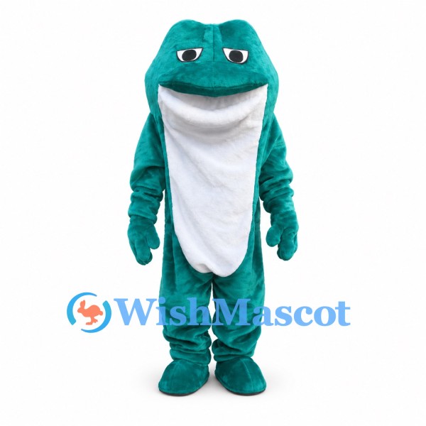 Teal Frog Mascot Costume with White Belly and Wide Mouth