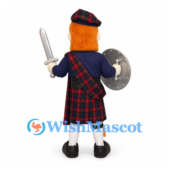 Scottish Warrior Mascot Costume with Tartan Kilt, Shield and Sword