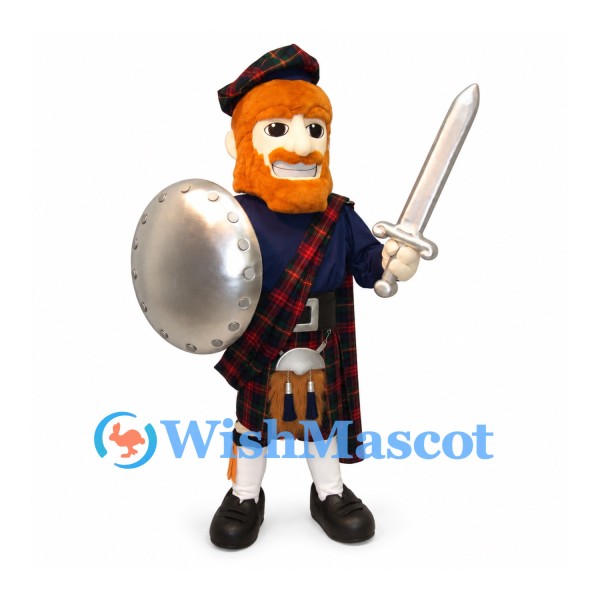 Scottish Warrior Mascot Costume with Tartan Kilt, Shield and Sword