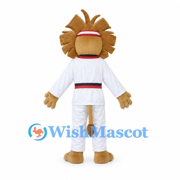 Lion Mascot Costume with White Martial Arts Uniform and Red Headband