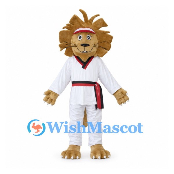 Lion Mascot Costume with White Martial Arts Uniform and Red Headband