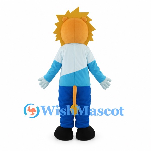 Lion Mascot Costume with Blue and White Shirt and Blue Trousers