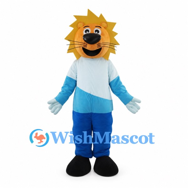 Lion Mascot Costume with Blue and White Shirt and Blue Trousers