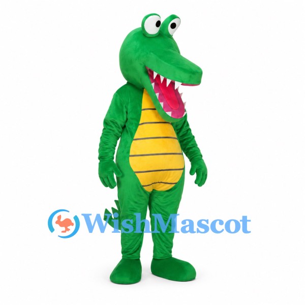 Green Crocodile Mascot Costume with Yellow Belly and Wide Open Mouth