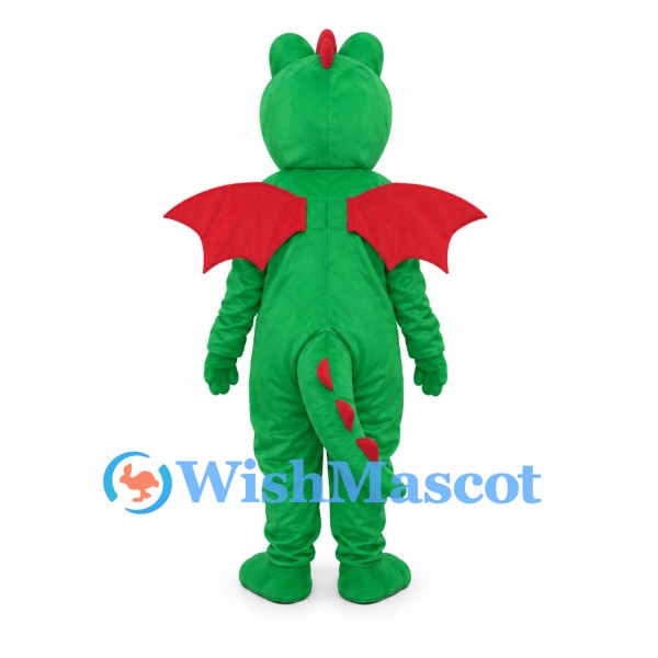 Green Dragon Mascot Costume with Red Wings and Yellow Belly