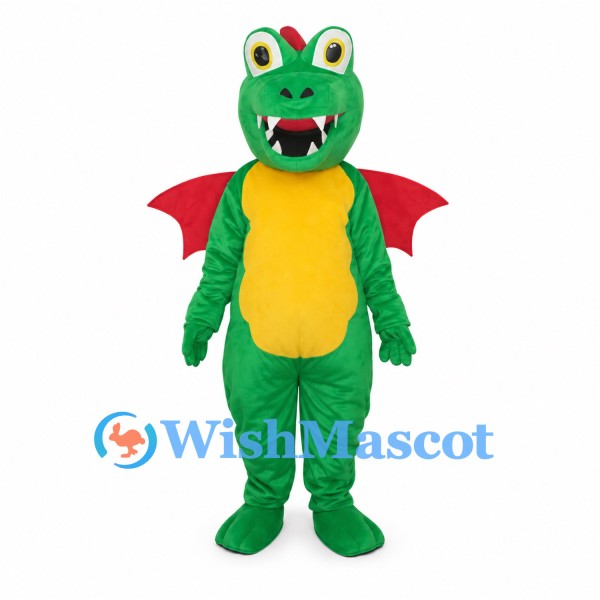 Green Dragon Mascot Costume with Red Wings and Yellow Belly