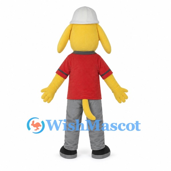 Yellow Dog Mascot Costume with White Hard Hat and Red Polo Shirt