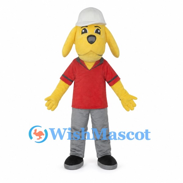 Yellow Dog Mascot Costume with White Hard Hat and Red Polo Shirt