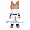 Brown and White Cat Mascot Costume with White Karate Uniform