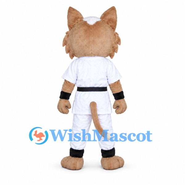 Brown and White Cat Mascot Costume with White Karate Uniform