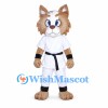 Brown and White Cat Mascot Costume with White Karate Uniform