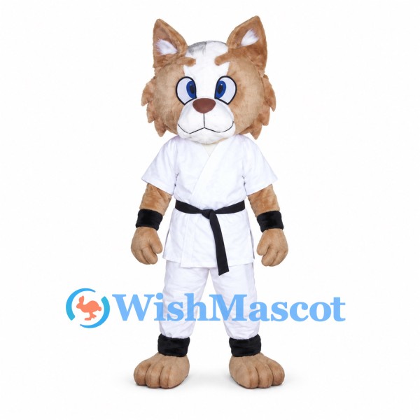 Brown and White Cat Mascot Costume with White Karate Uniform
