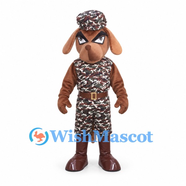 Brown Dog Mascot Costume with Camouflage Uniform and Cap