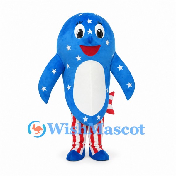 Blue Dolphin Mascot Costume with White Stars and Red Striped Pants