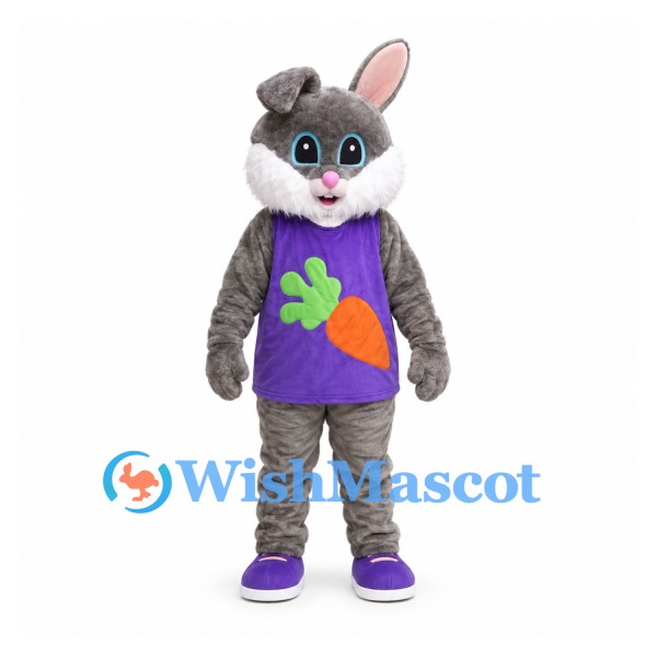 Rabbit Mascot Costume in Gray with Purple Carrot Shirt