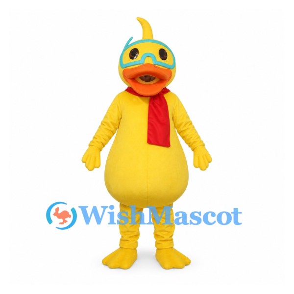 Duck Mascot Costume in Yellow with Goggles and Red Scarf