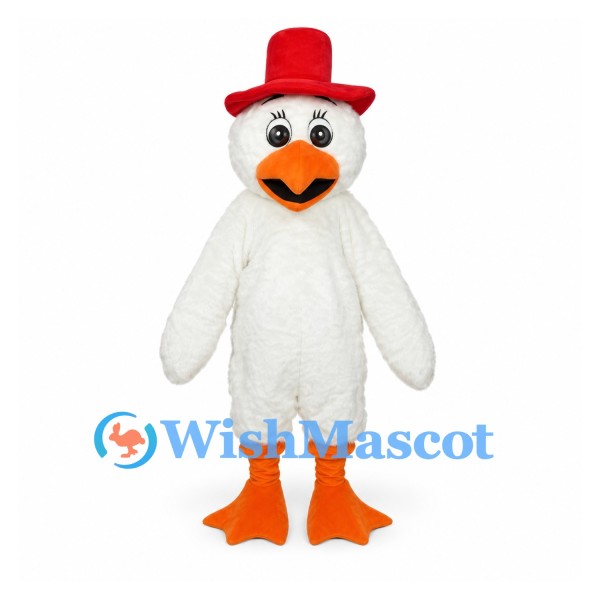 Duck Mascot Costume in White with Red Top Hat