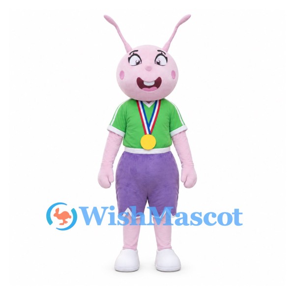 Ant Mascot Costume in Pink with Green Shirt and Medal