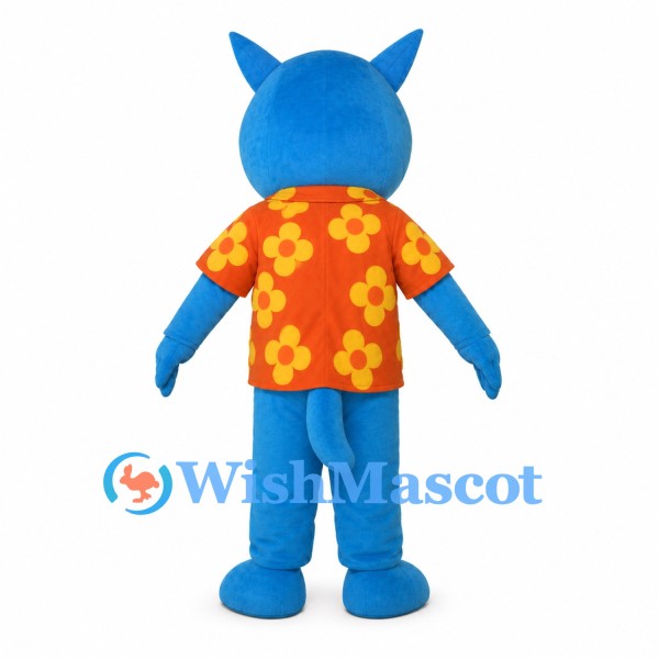 Wolf Mascot Costume in Blue with Orange Floral Shirt