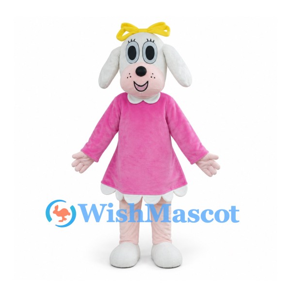 Sheep Mascot Costume with Pink Dress and Yellow Bow