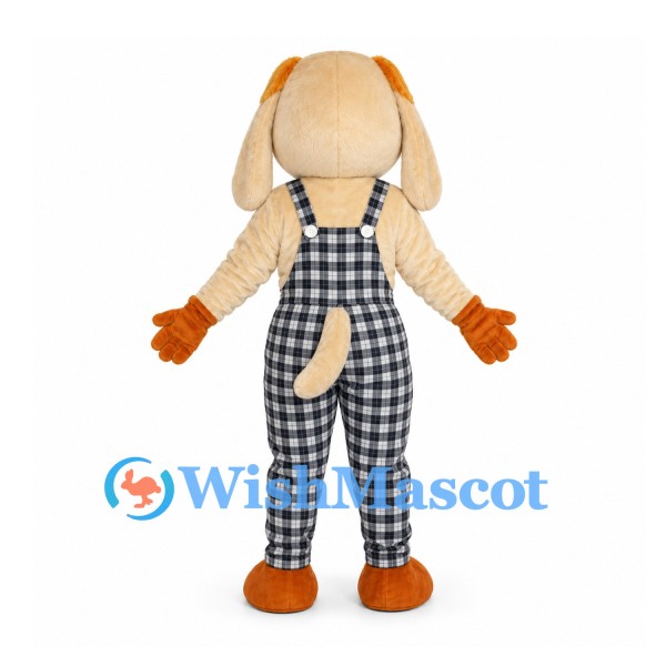 Dog Mascot Costume with Black and White Check Overalls