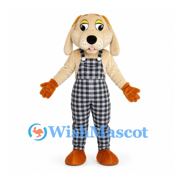 Dog Mascot Costume with Black and White Check Overalls