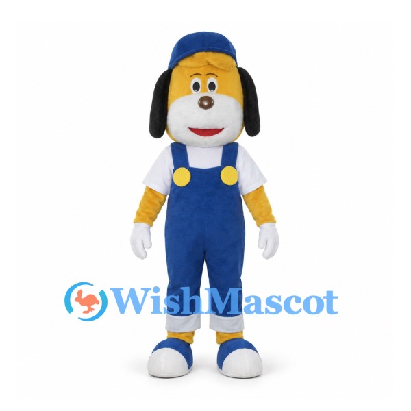 Dog Mascot Costume in Blue Overalls and Cap