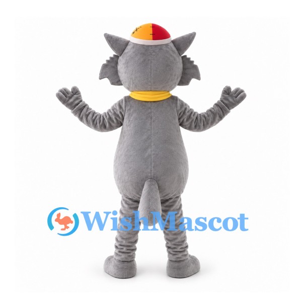 Cat Mascot Costume in Gray with Yellow Scarf and Hat