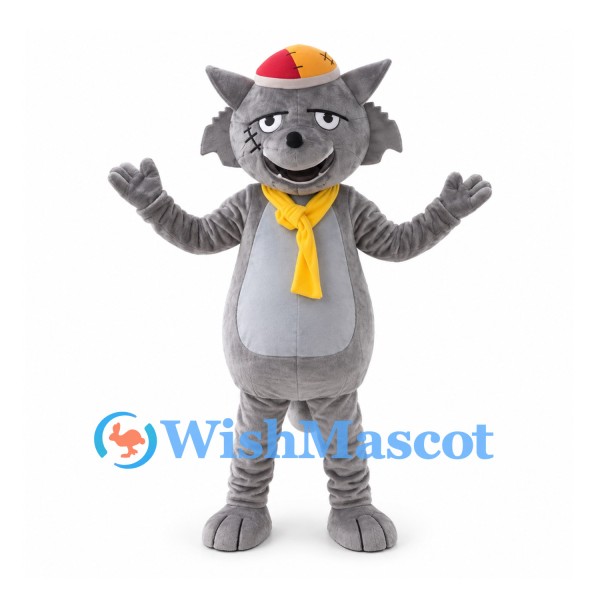 Cat Mascot Costume in Gray with Yellow Scarf and Hat
