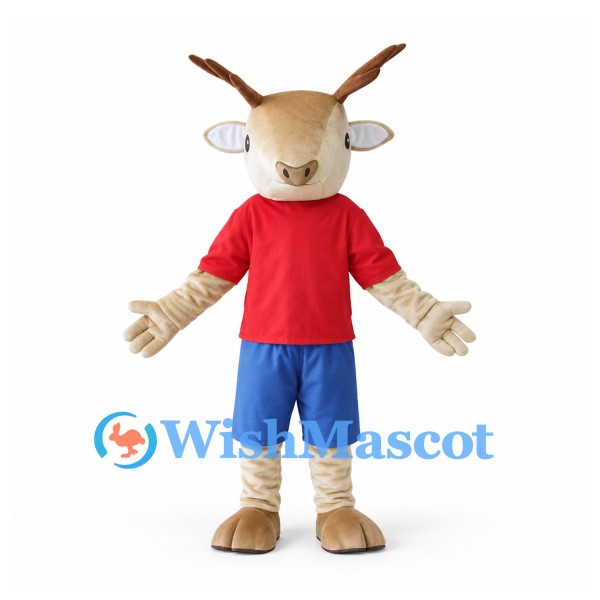 Goat Mascot Costume with Red Shirt and Blue Shorts