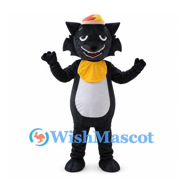 Cat Mascot Costume in Black with Yellow Scarf and Hat