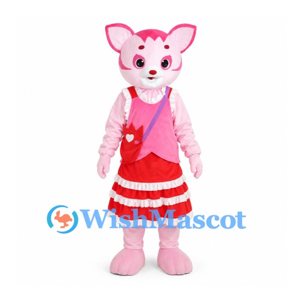 Cat Mascot Costume in Pink with Red Striped Skirt