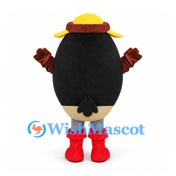 Bird Mascot Costume in Black with Red Beak and Brown Hat
