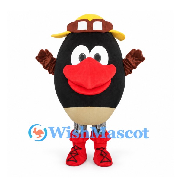 Bird Mascot Costume in Black with Red Beak and Brown Hat
