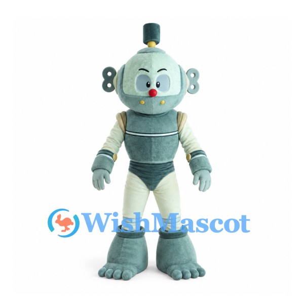 Robot Mascot Costume in Gray with Top Hat and Segmented Body
