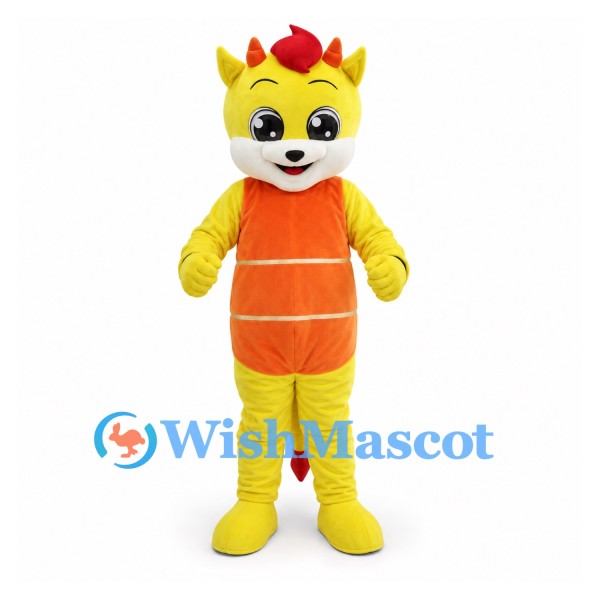 Dragon Mascot Costume in Yellow with Orange Belly and Red Spikes
