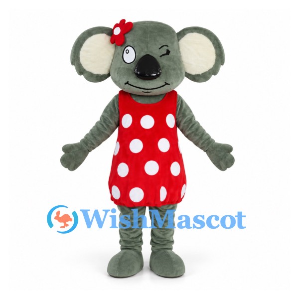Koala Mascot Costume with Red Polka Dot Dress and Bow