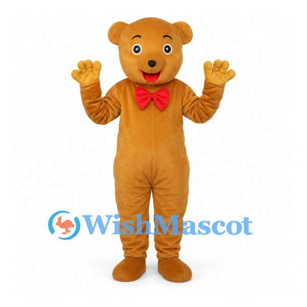 Bear Mascot Costume in Tan with Red Bow Tie