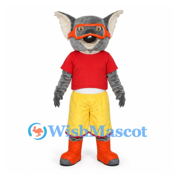 Wolf Mascot Costume with Red Goggles and Yellow Shorts