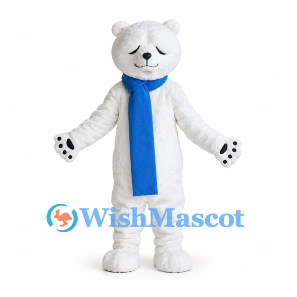 Bear Mascot Costume in White with Blue Scarf